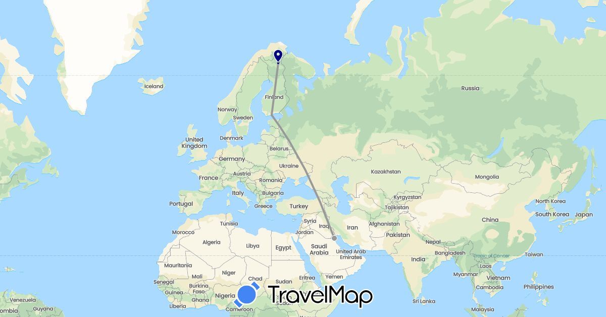 TravelMap itinerary: driving, plane in Finland, Kuwait (Asia, Europe)